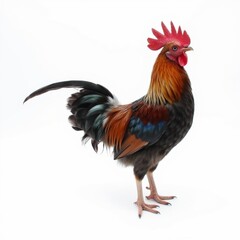 Fototapeta premium Vibrant Portrait of a Colorful Rooster Standing Proudly against a White Background