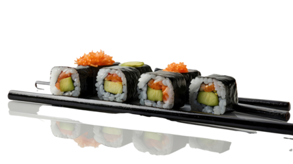 black chopsticks holding sushi isolated on transparent white background