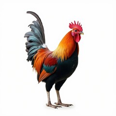 Fototapeta premium Vibrant Rooster with Striking Plumage Standing Proudly Against a White Background