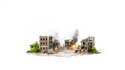 A dramatic scene depicting a ruined cityscape with smoke and fire, symbolizing destruction and chaos against a clean white background.