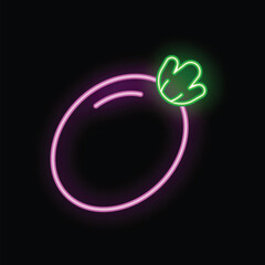 Glowing neon sign in the shape of an eggplant, with bright pink outline and green leaves, against a black background
