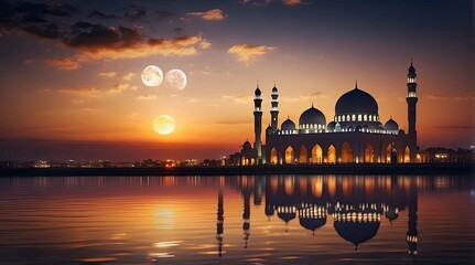 Serene Mosque at Sunset: Triple Moon, Water Reflection, and Peaceful Atmosphere
