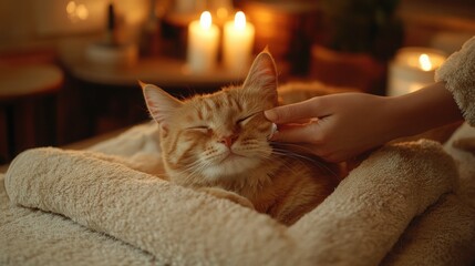 Close-up of a relaxed cat getting pampered with gentle treatments in a warm, cozy home, creating a soothing atmosphere for an animal's spa experience 