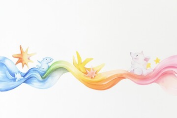 Obraz premium Colorful watercolor waves with playful sea creatures and stars.