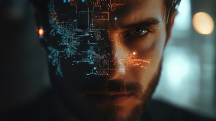 Futuristic portrait, circuitry integrated, representing AI-human connection and digital transformation 