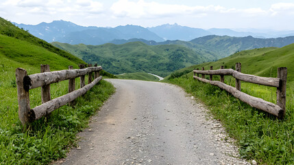 Mountain road, winding path, green hills, scenic view, travel postcard