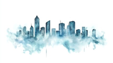 Watercolor skyline illustration featuring modern skyscrapers emerging from mist, showcasing urban development and creativity against a white background.