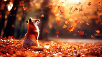 Fox in Autumn Forest Surrounded by Falling Leaves and Warm Light
