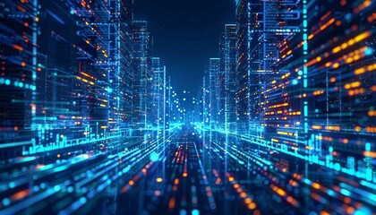 Fototapeta premium A cityscape transformed by AI, with digital data streams illuminating the urban landscape