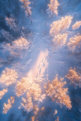 Aerial view of winter forest covered by heavy snow.