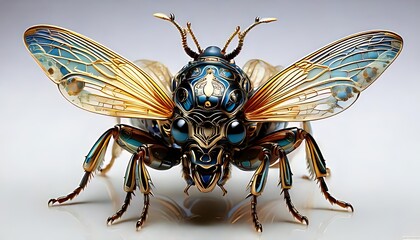 Fototapeta premium A surreal insect-like sculpture with gold and blue accents is shown on a white surface (1)