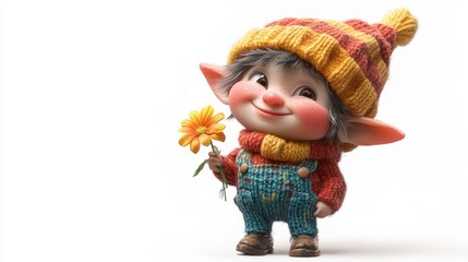 A tiny, realistic elf with colorful overalls and a playful hat, smiling warmly and holding a small flower, isolated on white 