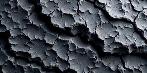 Cracked, textured landscape unfolds in black and white—dry earth etched with dark, jagged lines