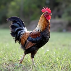 Vibrant Rooster Strolling Through Lush Green Grass in a Serene Landscape
