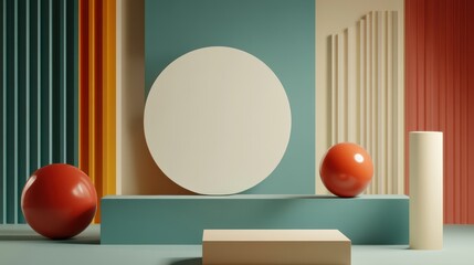 A 3D render of abstract minimalist shapes, featuring clean lines and simple forms arranged in a harmonious composition.