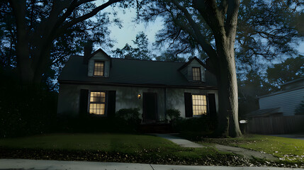 creates an eerie yet captivating twilight scene of a house surrounded by trees and shadows. Generative AI