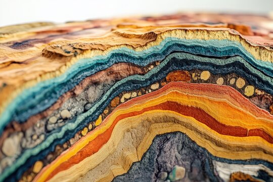 A detailed cross section of the Earth's crust, showcasing colored mineral veins and distinct fossil imprints embedded in the rock layers, with a clear division between each geological stratum