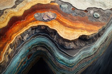 A detailed cross section of the Earth's crust, showcasing colored mineral veins and distinct fossil imprints embedded in the rock layers, with a clear division between each geological stratum
