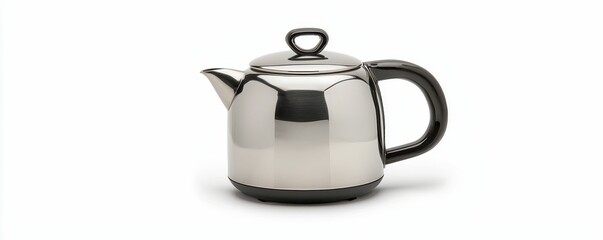 A sleek, modern teapot featuring a shiny metallic finish and a curved handle, perfect for serving tea in style.
