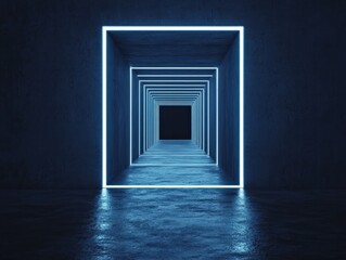 Fototapeta premium Abstractive Neon Tunnel with Blue Light and Reflection in a Dark Space