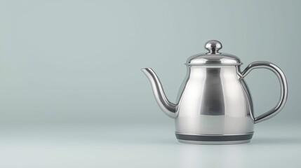 A sleek, silver teapot sits against a minimalist background, showcasing its elegant design and polished finish.