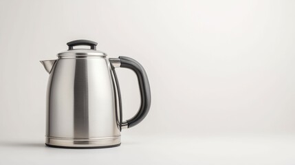 A sleek stainless steel kettle sits on a clean surface, reflecting light, showcasing its modern design and functionality.