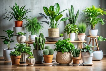 Indoor Greenery Haven: Collection of Lush Potted Plants in Various Vessels