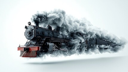 Vintage steam train speeding, smoke billowing, white background, transportation design