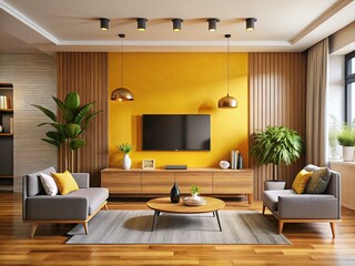 Modern Living Room Interior with Cozy Ambiance and TV Unit on Yellow Wall