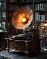 Obraz premium Warm and Cozy Vintage Gramophone in Elegant Home Library