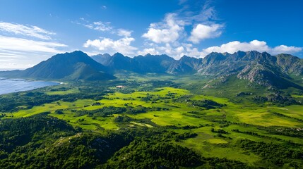 Fototapeta premium Aerial View of Lush Green Valley and Mountains