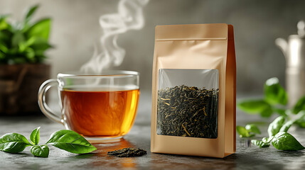 Photo: Steaming Cup of Tea with Loose Leaf Tea in a Pouch and Fresh Tea Leaves