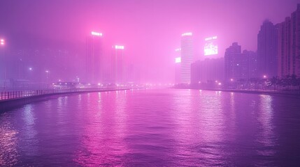 Fototapeta premium Pink Cityscape at Night: Serene Reflections on the Water