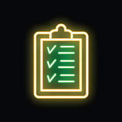 Fototapeta premium Bright neon green clipboard with checklist and check marks on a black brick wall background