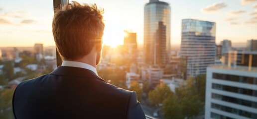 Naklejka na ściany i meble Businessman sunset city view success