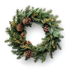 Fototapeta premium A realistic photograph of an artificial wreath with green leaves, pine cones, and cypress branches on a white background. 