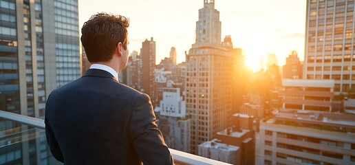 Plakat Man in suit, city rooftop sunset view. Business success