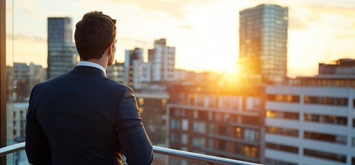 Naklejka na ściany i meble Man in suit on balcony, sunset city view