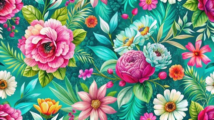 Teal Background with Vintage Floral Pattern