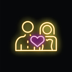 Neon sign showing a couple standing with a heart between them, representing love and connection