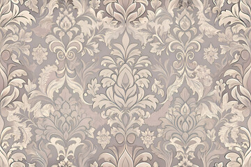 Elegant damask wallpaper design in muted beige and gray tones.