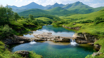 Serene mountain pool, cascading waterfalls, green hills, idyllic landscape, travel photography