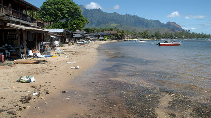 Littered beach, tropical island, boats, mountains