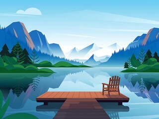 Serene Mountain Lake Scene With Wooden Dock And Chair
