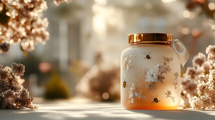3D Illustration Honey Jar Bees Flowers Sunlight Bokeh Background