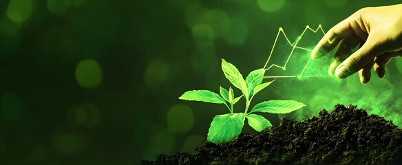 Businessman touching a digital, virtual hologram of a stock market graph, representing financial growth and a business plan for an innovative technology company concept on a dark background 