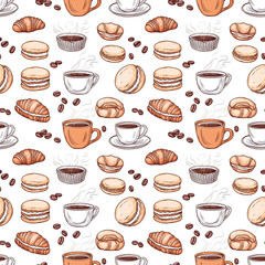 Coffee and pastry pattern featuring various baked goods and cups arranged on a light background