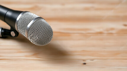 Obraz premium Close-up microphone on wooden table, podcasting concept