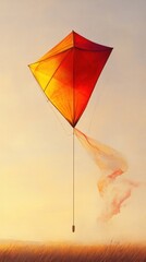 Sunset Kite Flight: A Dreamlike Orange Kite Soaring Over Golden Fields