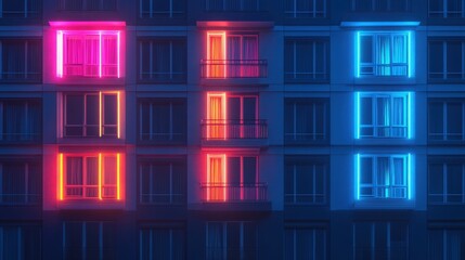 A vibrant apartment complex facade showcasing neon illuminated windows at night, creating a dynamic interplay between electric and cool tones in an art-deco urban street